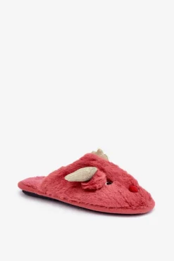 Clearance Boto Kapcie Świąteczne Z Motywem Renifera Futrzane Koralowe Asielle Czerwony