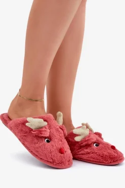 Clearance Boto Kapcie Świąteczne Z Motywem Renifera Futrzane Koralowe Asielle Czerwony