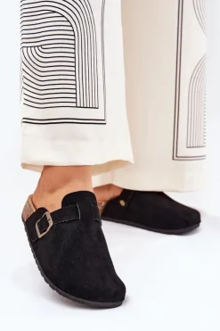 New Boto Klapki Chodaki Damskie i Na Platformie Z Klamrą Czarne Selio Czarny