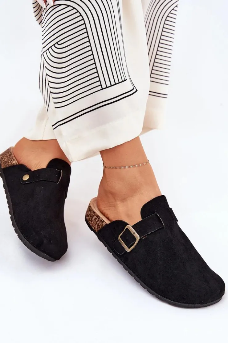 New Boto Klapki Chodaki Damskie i Na Platformie Z Klamrą Czarne Selio Czarny