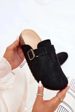 New Boto Klapki Chodaki Damskie i Na Platformie Z Klamrą Czarne Selio Czarny