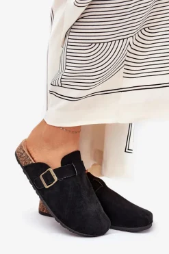 New Boto Klapki Chodaki Damskie i Na Platformie Z Klamrą Czarne Selio Czarny