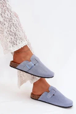 Discount Boto Klapki Chodaki Damskie i Na Korkowej Platformie Z Klamrą Niebieskie Klarae