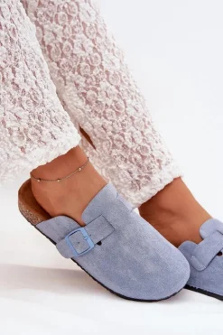 Discount Boto Klapki Chodaki Damskie i Na Korkowej Platformie Z Klamrą Niebieskie Klarae