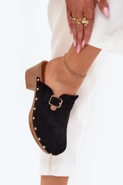 Sale Boto Klapki Chodaki Damskie Na Obcasie Z Klamrą Czarne Veldexina Czarny