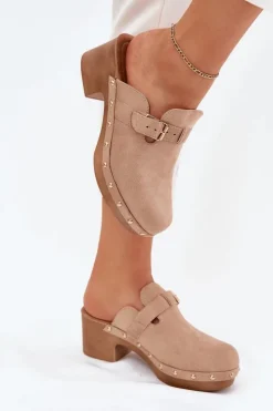 Boto Klapki Na Obcasie|Klapki Damskie Klasyczne*Klapki Chodaki Damskie Na Obcasie Z Klamrą Beżowe Veldexina