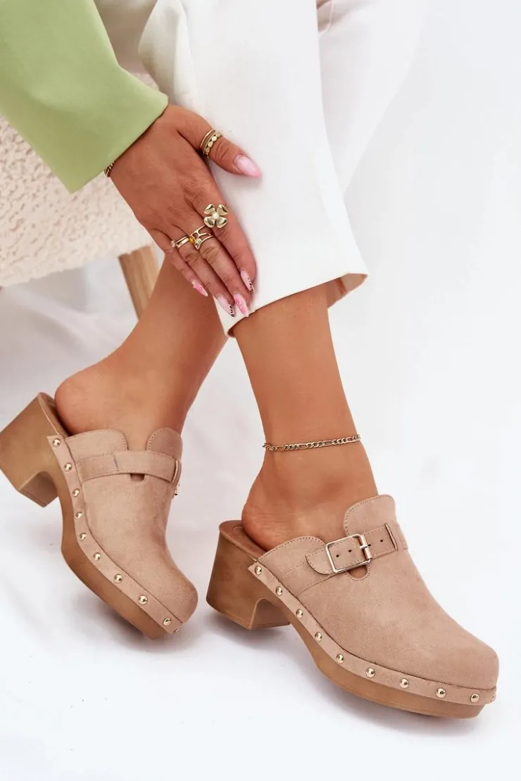 Boto Klapki Na Obcasie|Klapki Damskie Klasyczne*Klapki Chodaki Damskie Na Obcasie Z Klamrą Beżowe Veldexina