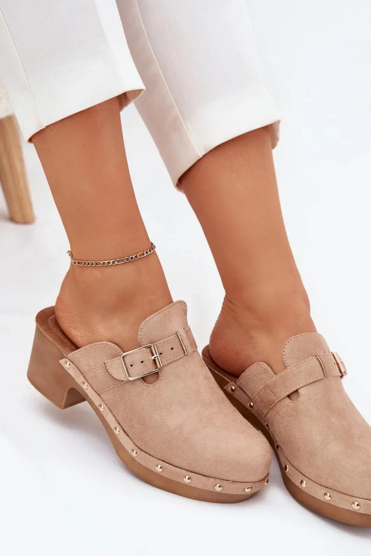 Boto Klapki Na Obcasie|Klapki Damskie Klasyczne*Klapki Chodaki Damskie Na Obcasie Z Klamrą Beżowe Veldexina