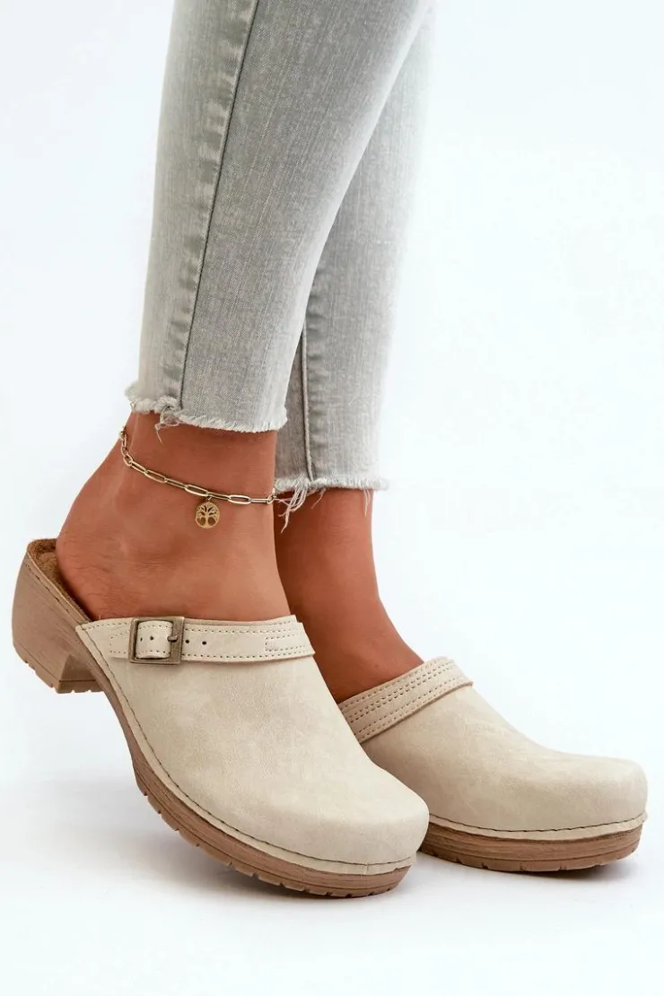 INBLU Klapki Na Obcasie|Klapki Damskie Klasyczne*Klapki Chodaki Damskie Na Niskim Obcasie BL000004 Beżowe