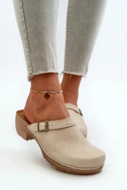 INBLU Klapki Na Obcasie|Klapki Damskie Klasyczne*Klapki Chodaki Damskie Na Niskim Obcasie BL000004 Beżowe