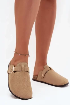 Damskie Big Star Shoes Klapki Chodaki Damskie Na Korkowej Platformie Ze Złotą Klamrą Big Star SS274738 Beżowe