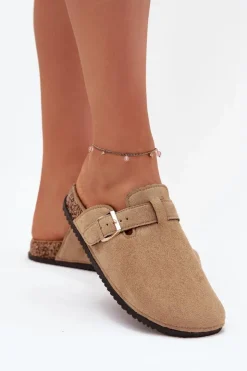 Damskie Big Star Shoes Klapki Chodaki Damskie Na Korkowej Platformie Ze Złotą Klamrą Big Star SS274738 Beżowe