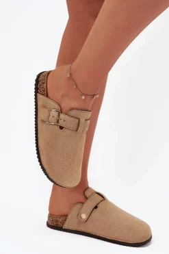 Damskie Big Star Shoes Klapki Chodaki Damskie Na Korkowej Platformie Ze Złotą Klamrą Big Star SS274738 Beżowe