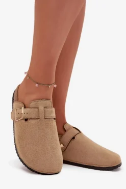 Damskie Big Star Shoes Klapki Chodaki Damskie Na Korkowej Platformie Ze Złotą Klamrą Big Star SS274738 Beżowe