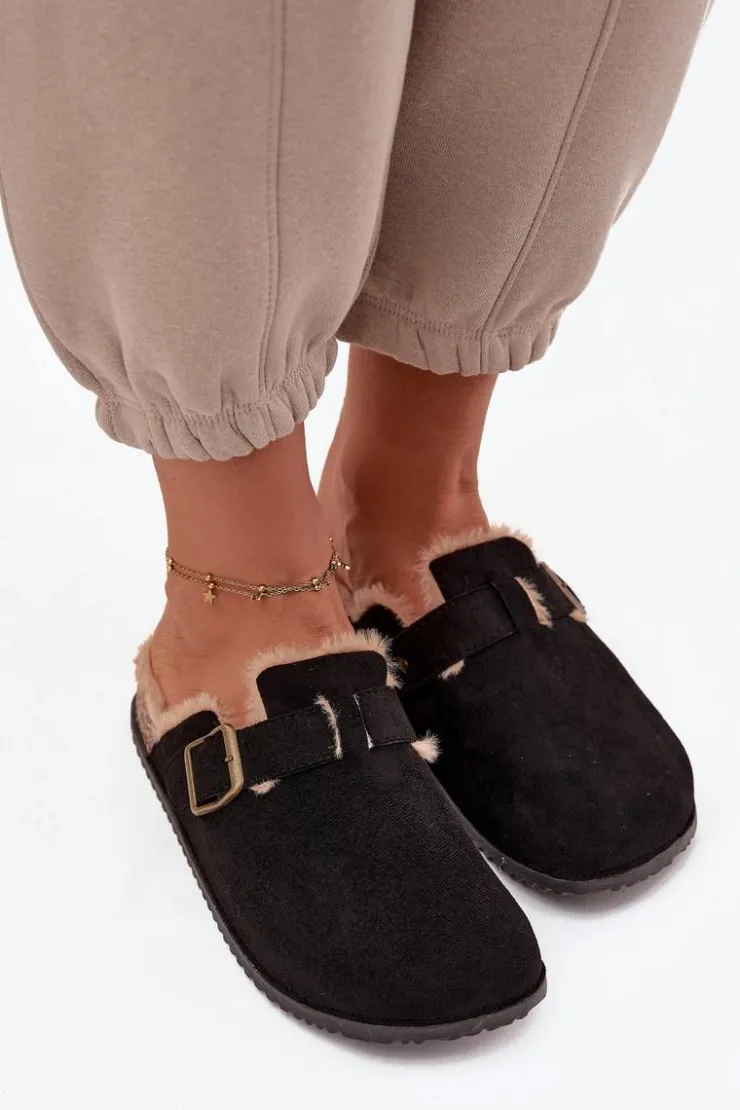 Discount Boto Klapki Chodaki Damskie Ocieplane Futerkiem Z Klamrą Czarne Sylisse Czarny
