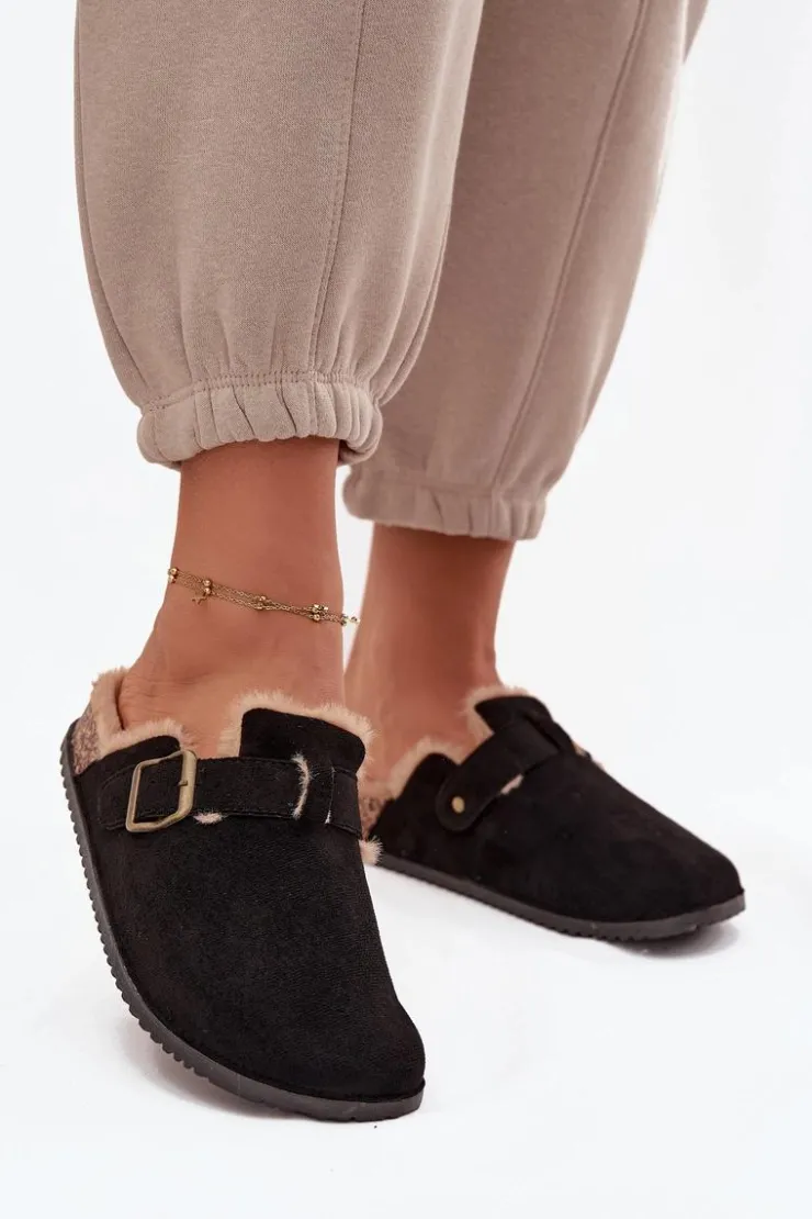 Discount Boto Klapki Chodaki Damskie Ocieplane Futerkiem Z Klamrą Czarne Sylisse Czarny
