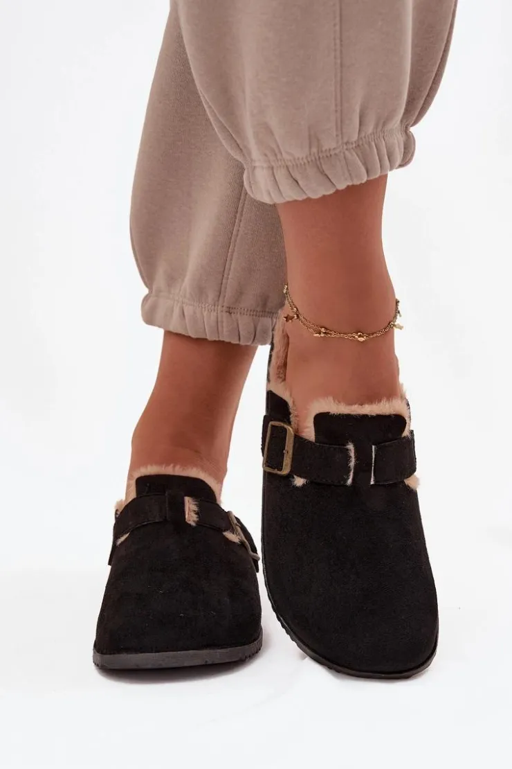 Discount Boto Klapki Chodaki Damskie Ocieplane Futerkiem Z Klamrą Czarne Sylisse Czarny