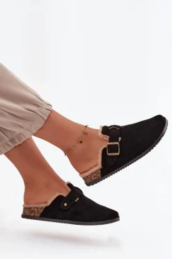 Discount Boto Klapki Chodaki Damskie Ocieplane Futerkiem Z Klamrą Czarne Sylisse Czarny