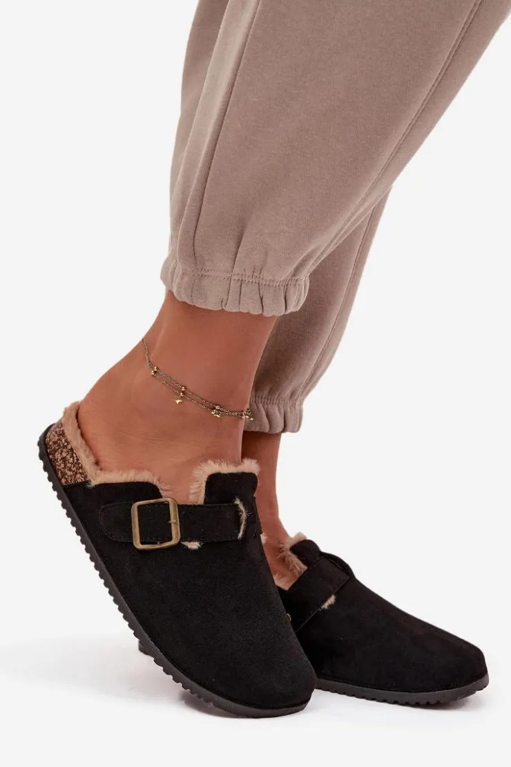 Discount Boto Klapki Chodaki Damskie Ocieplane Futerkiem Z Klamrą Czarne Sylisse Czarny
