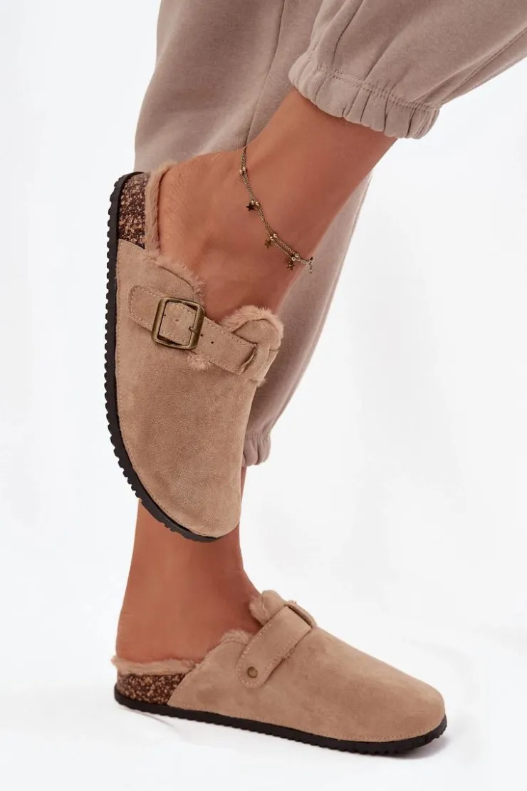 Boto Klapki Korkowe|Klapki Na Platformie*Klapki Chodaki Damskie Ocieplane Futerkiem Z Klamrą Beżowe Sylisse Beżowy