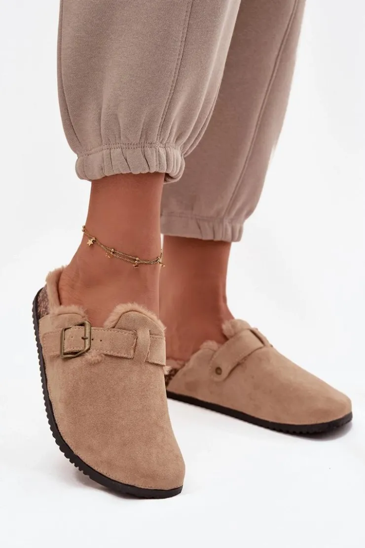 Boto Klapki Korkowe|Klapki Na Platformie*Klapki Chodaki Damskie Ocieplane Futerkiem Z Klamrą Beżowe Sylisse Beżowy