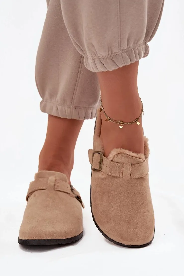 Boto Klapki Korkowe|Klapki Na Platformie*Klapki Chodaki Damskie Ocieplane Futerkiem Z Klamrą Beżowe Sylisse Beżowy