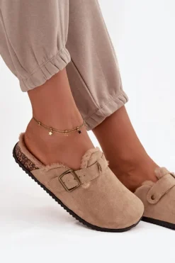 Boto Klapki Korkowe|Klapki Na Platformie*Klapki Chodaki Damskie Ocieplane Futerkiem Z Klamrą Beżowe Sylisse Beżowy