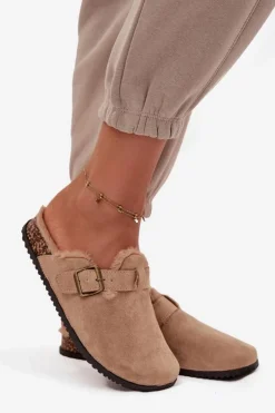 Boto Klapki Korkowe|Klapki Na Platformie*Klapki Chodaki Damskie Ocieplane Futerkiem Z Klamrą Beżowe Sylisse Beżowy