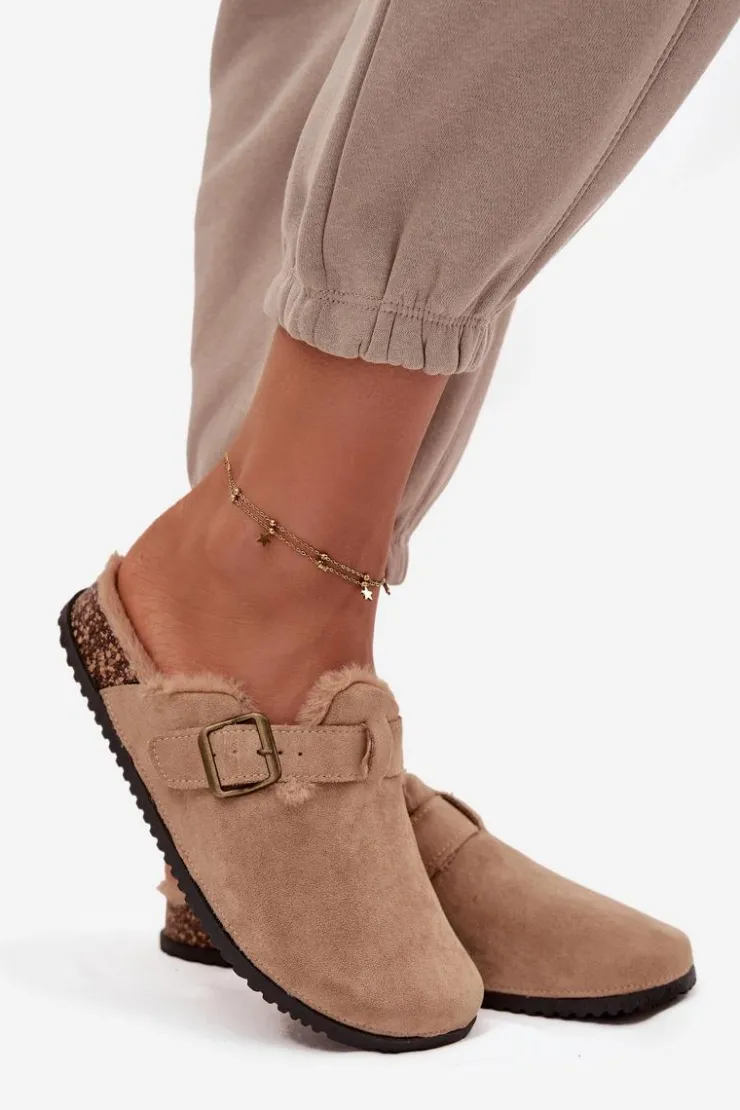 Boto Klapki Korkowe|Klapki Na Platformie*Klapki Chodaki Damskie Ocieplane Futerkiem Z Klamrą Beżowe Sylisse Beżowy