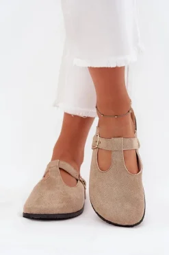 Damskie Boto Klapki Chodaki Damskie Ze Złotą Klamrą Beżowe Lirina