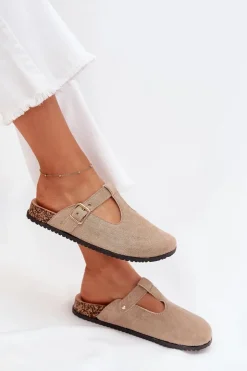 Damskie Boto Klapki Chodaki Damskie Ze Złotą Klamrą Beżowe Lirina