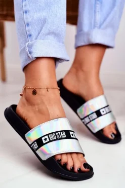 Hot Big Star Shoes Klapki Damskie Big Star Srebrne Holo GG274A005