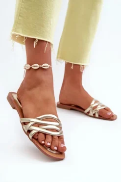 Online Boto Klapki Damskie Eko Skórzane Na Płaskim Obcasie Złote Moldela