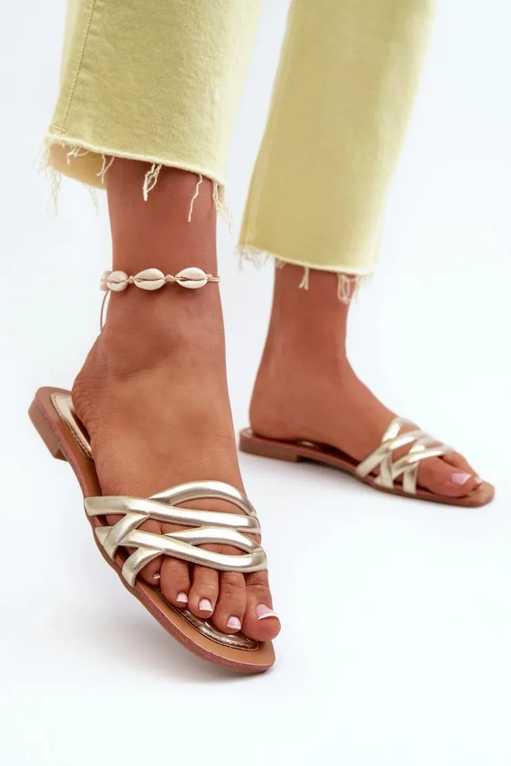 Online Boto Klapki Damskie Eko Skórzane Na Płaskim Obcasie Złote Moldela