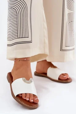 Damskie Boto Klapki Damskie Eko Skórzane Z Ozdobnymi Detalami Białe Mevith