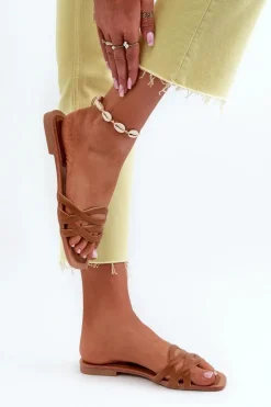 New Boto Klapki Damskie Eko Skórzane Na Płaskim Obcasie Brązowe Moldela Brązowy