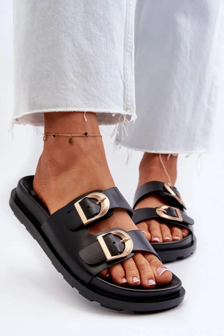 Boto Klapki Damskie Klasyczne*Klapki Damskie Eko Skórzane Z Klamrami Czarne Valmira