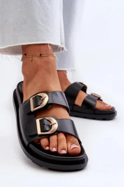 Boto Klapki Damskie Klasyczne*Klapki Damskie Eko Skórzane Z Klamrami Czarne Valmira