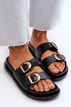 Boto Klapki Damskie Klasyczne*Klapki Damskie Eko Skórzane Z Klamrami Czarne Valmira