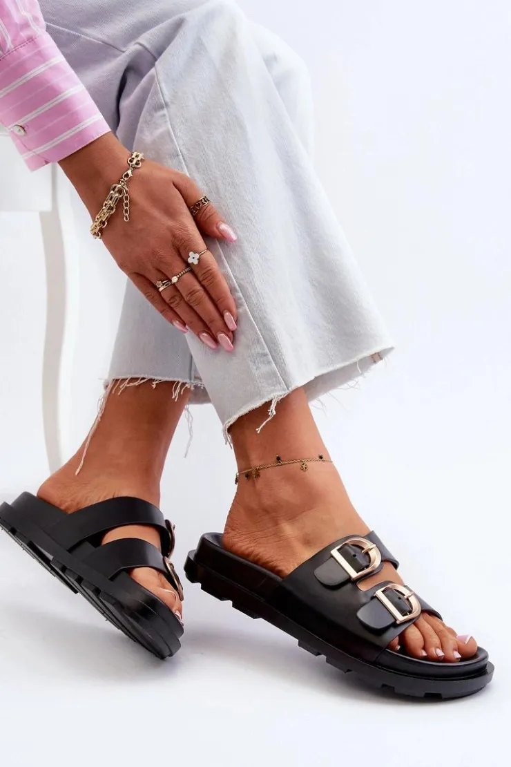 Boto Klapki Damskie Klasyczne*Klapki Damskie Eko Skórzane Z Klamrami Czarne Valmira