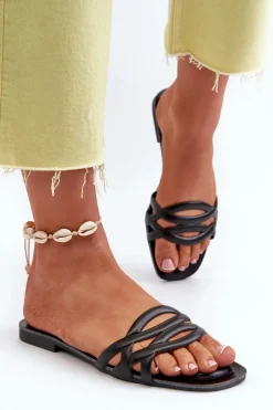 Boto Klapki Damskie Eko Skórzane Na Płaskim Obcasie Czarne Moldela Czarny