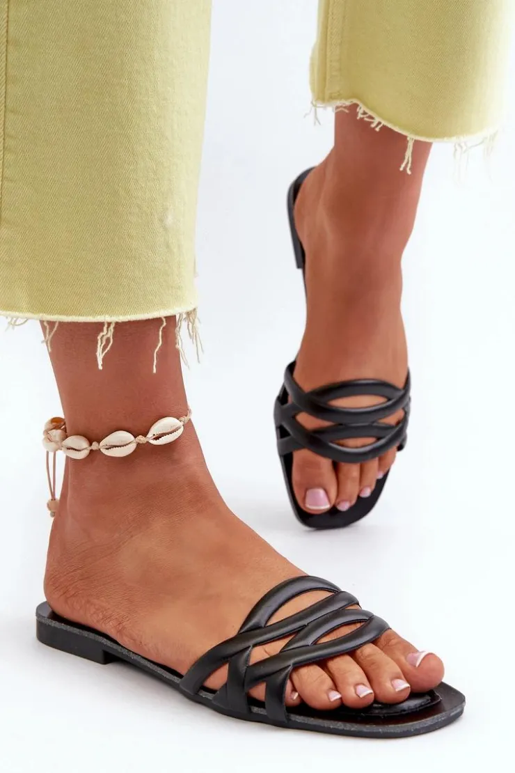 Boto Klapki Damskie Eko Skórzane Na Płaskim Obcasie Czarne Moldela Czarny