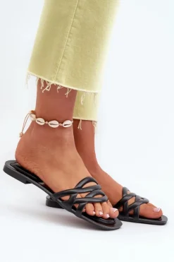 Boto Klapki Damskie Eko Skórzane Na Płaskim Obcasie Czarne Moldela Czarny