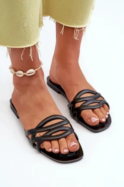 Boto Klapki Damskie Eko Skórzane Na Płaskim Obcasie Czarne Moldela Czarny