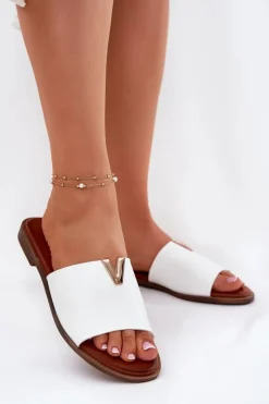 Evento Klapki Damskie Klasyczne*Klapki Damskie Eko Skórzane Na Płaskim Obcasie Białe Maliha