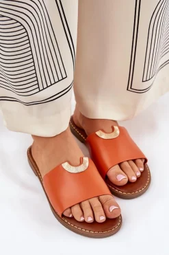 Sale Boto Klapki Damskie Eko Skórzane Z Ozdobnymi Detalami Pomarańczowe Mevith Pomarańczowy