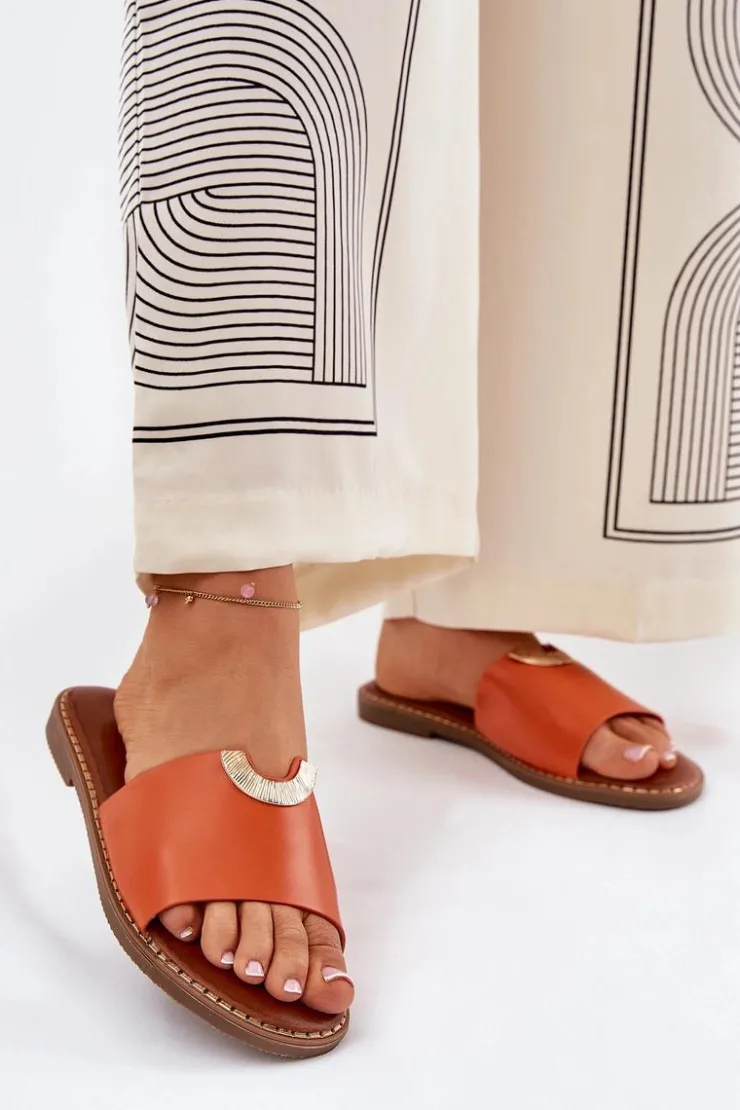 Sale Boto Klapki Damskie Eko Skórzane Z Ozdobnymi Detalami Pomarańczowe Mevith Pomarańczowy