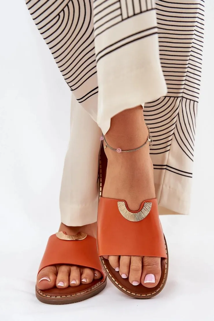 Sale Boto Klapki Damskie Eko Skórzane Z Ozdobnymi Detalami Pomarańczowe Mevith Pomarańczowy