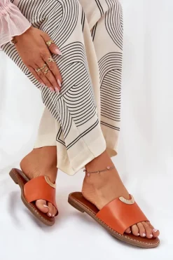 Sale Boto Klapki Damskie Eko Skórzane Z Ozdobnymi Detalami Pomarańczowe Mevith Pomarańczowy