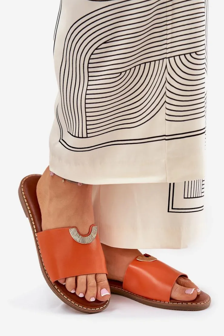 Sale Boto Klapki Damskie Eko Skórzane Z Ozdobnymi Detalami Pomarańczowe Mevith Pomarańczowy